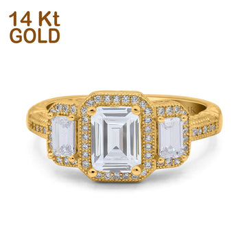 14K Yellow Gold Emerald Cut Halo Bridal Wedding Engagement Ring Simulated CZ Size-7